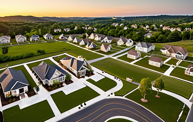 **
Realistic, wide-angle shot of diverse residential land plots in an upscale neighborhood. Focus on showcasing varying sizes, shapes, and beautiful topography with utility access points. Include visual callouts indicating the importance of location and available services. Golden hour lighting, emphasizing desirability and investment potential.
**