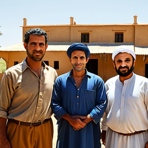Home 6 **Prompt:** "A sun-drenched, historic Middle Eastern farm. Three brothers stand together in the foreground, a fair real estate appraiser shows empathy for the family in the background. The image conveys fairness, family connection, and the weight of tradition in a real estate valuation."