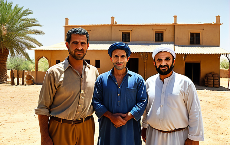 **Prompt:** "A sun-drenched, historic Middle Eastern farm. Three brothers stand together in the foreground, a fair real estate appraiser shows empathy for the family in the background. The image conveys fairness, family connection, and the weight of tradition in a real estate valuation."